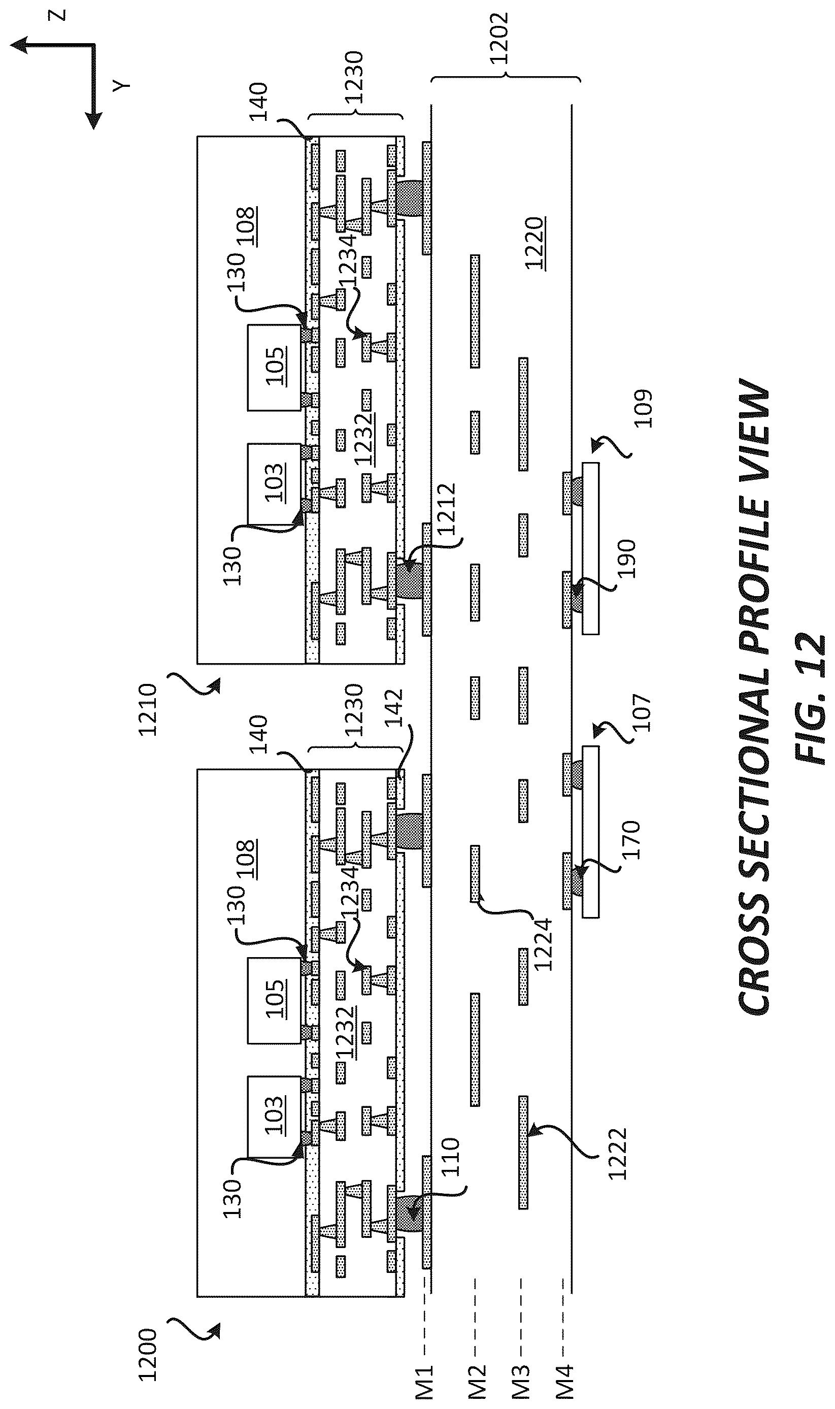 Patent US12622288 Figure 12 – Package substrate and/or a board with a shared power distribution network