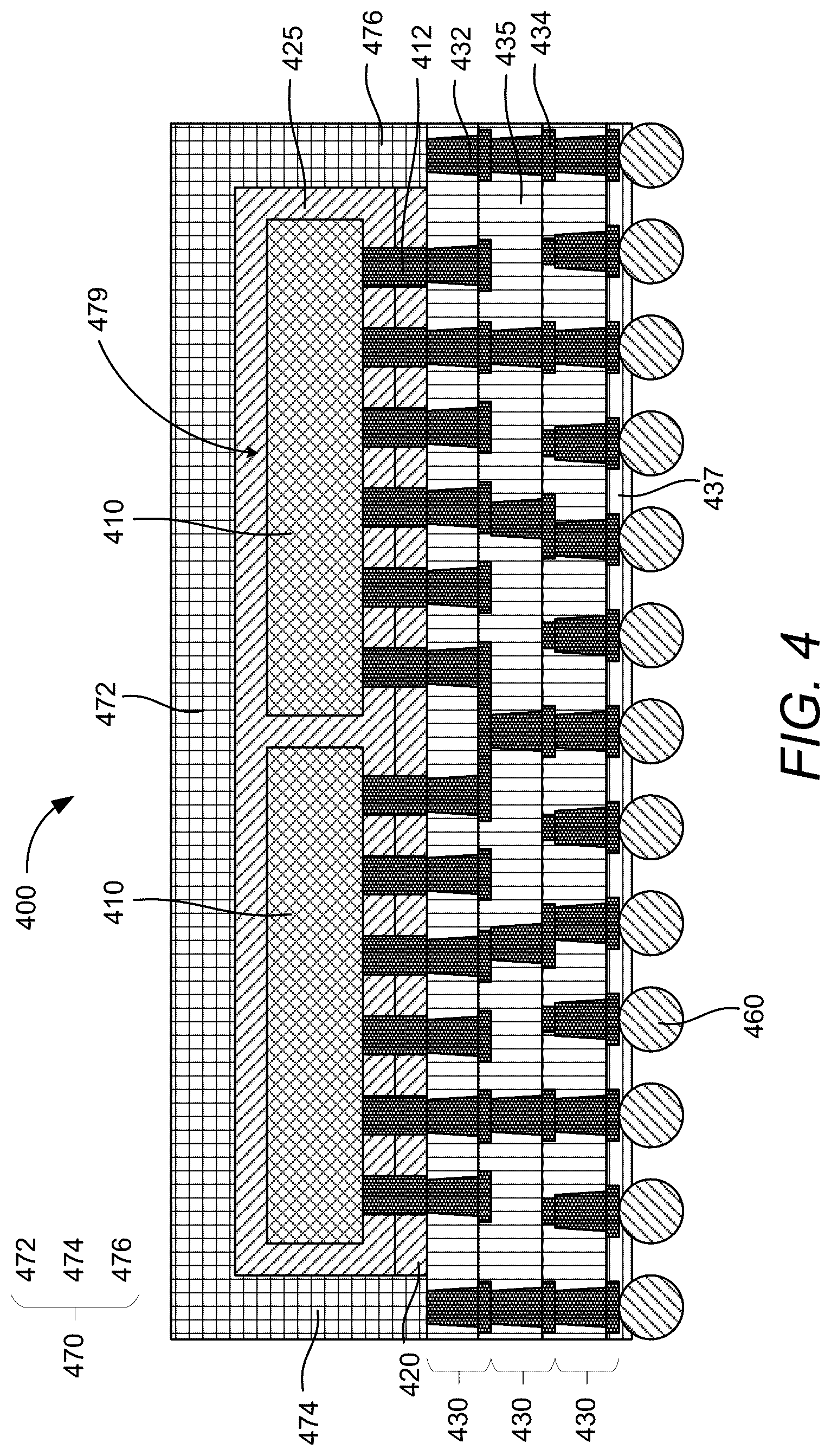 Patent US12622313 Figure 4 – Metal pocket fanout package