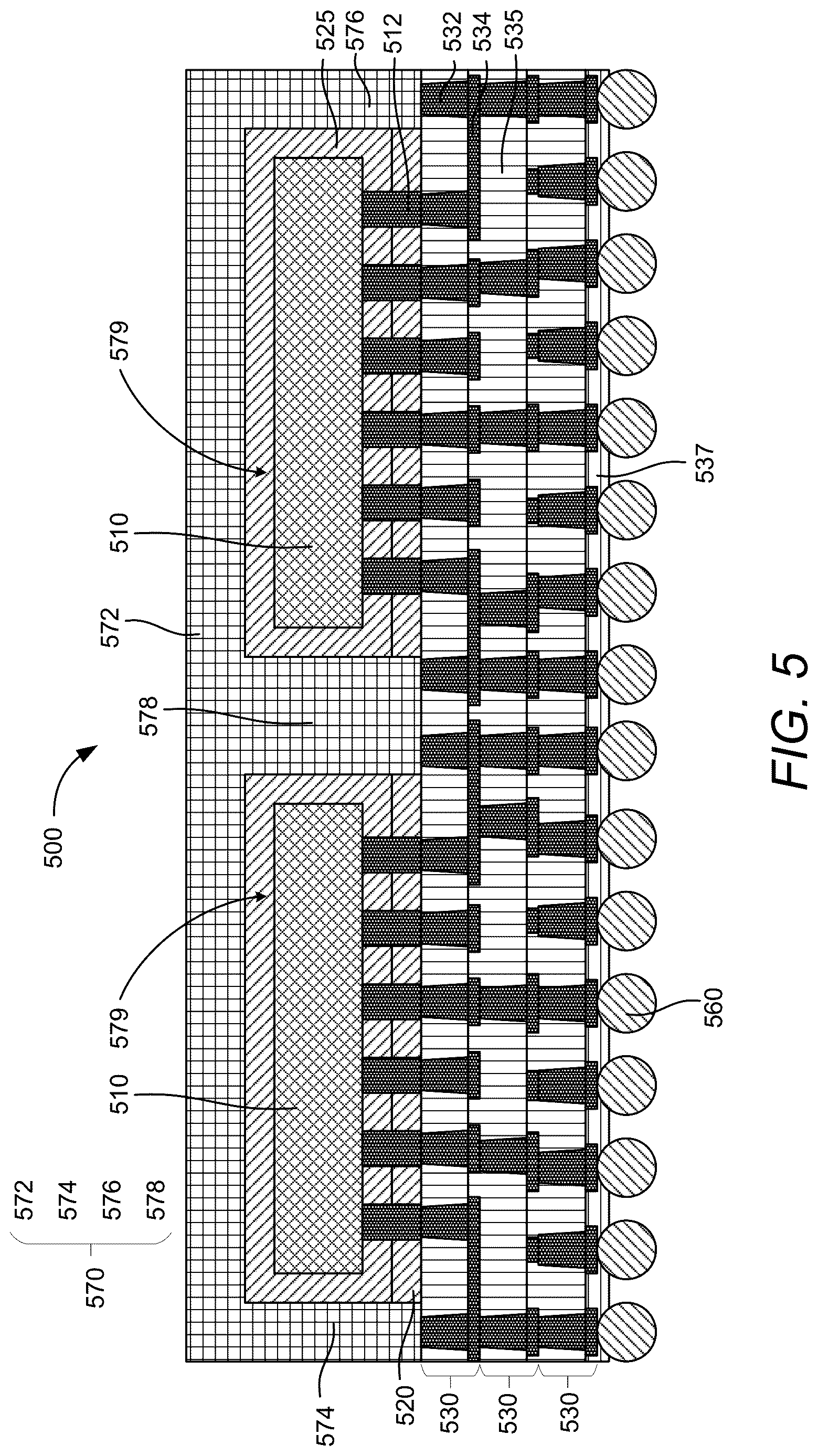 Patent US12622313 Figure 5 – Metal pocket fanout package
