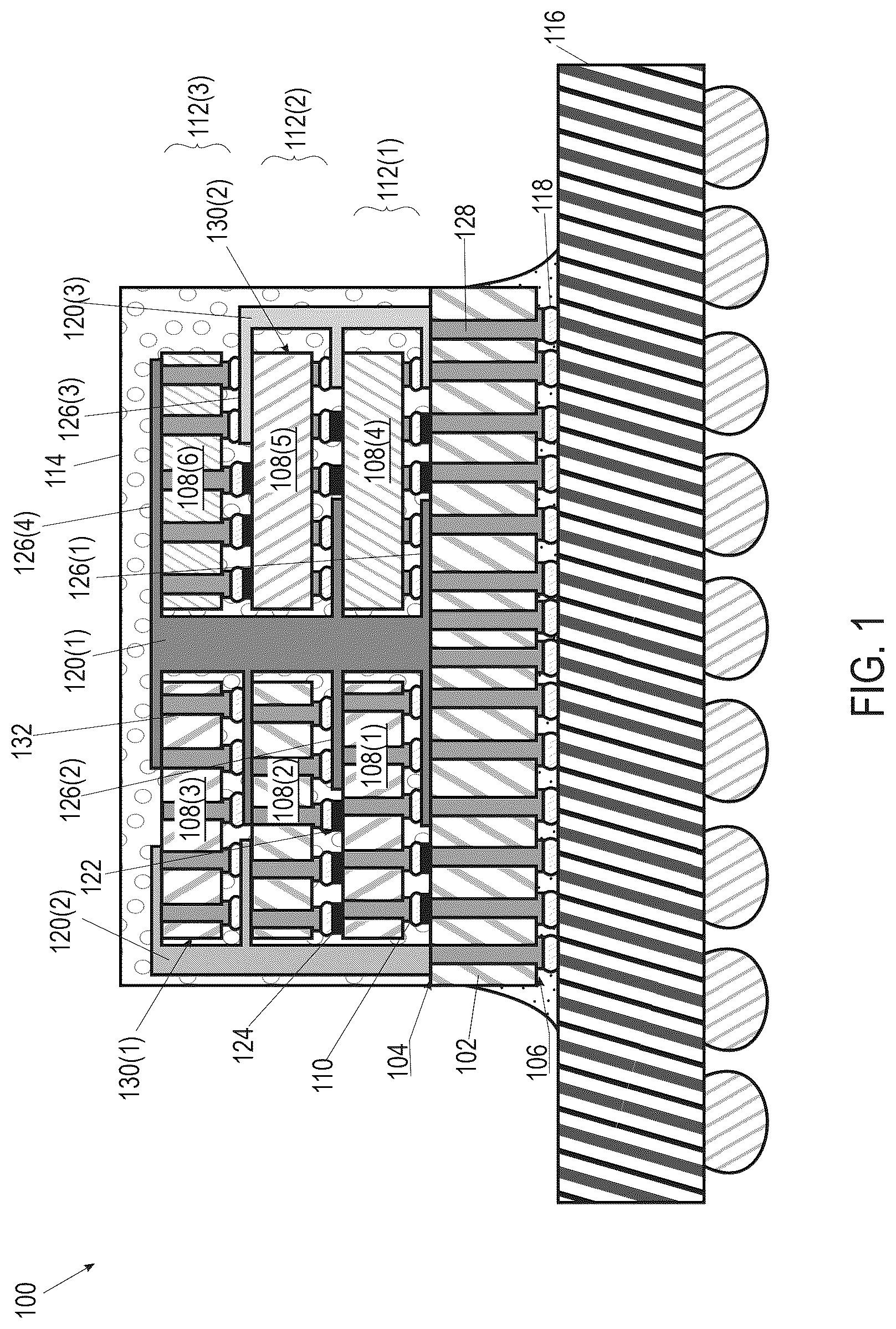 Patent US12622319 Figure 1 – Stacked die packaging architecture with conductive vias on interposer