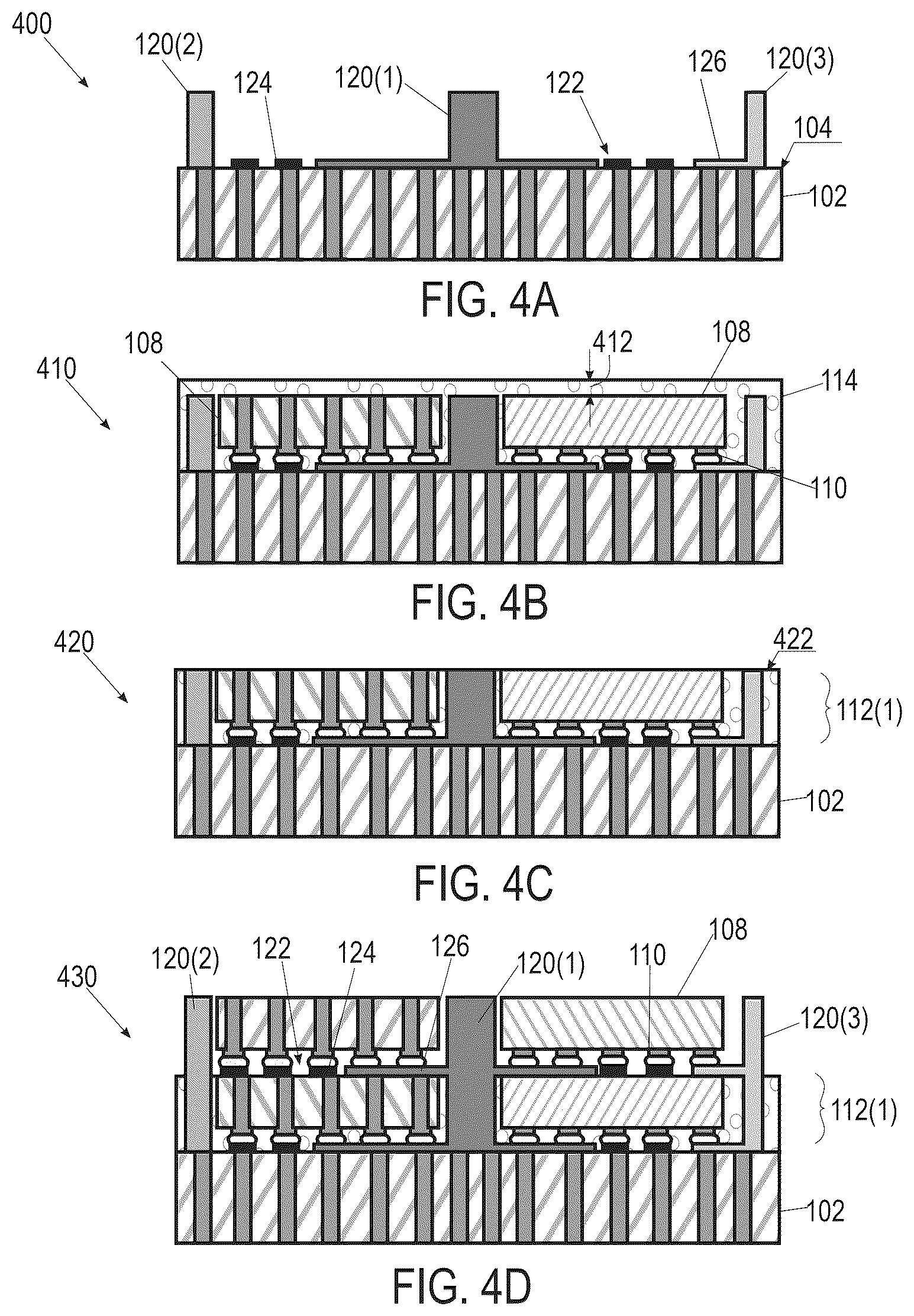 Patent US12622319 Figure 3 – Stacked die packaging architecture with conductive vias on interposer