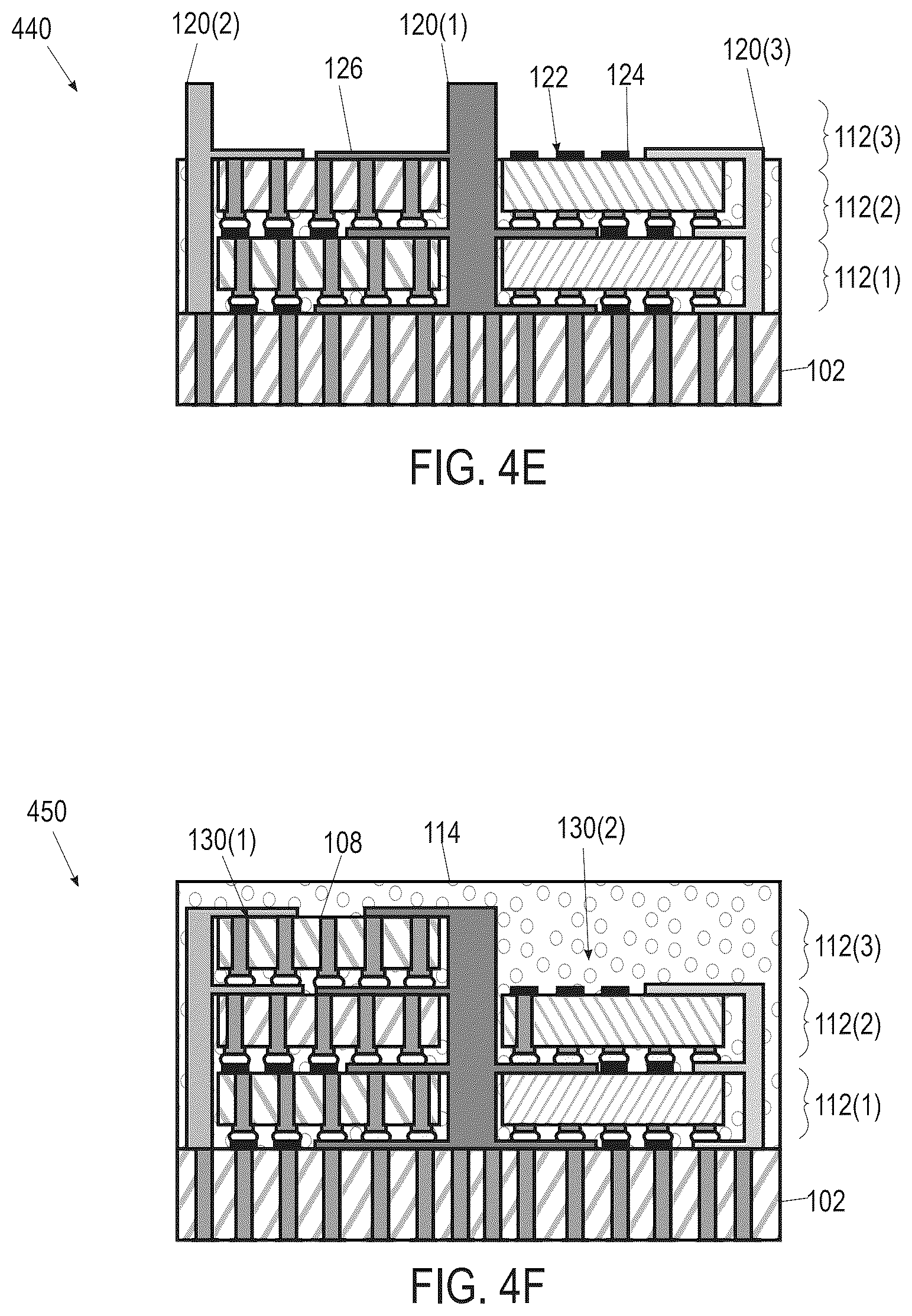 Patent US12622319 Figure 4 – Stacked die packaging architecture with conductive vias on interposer