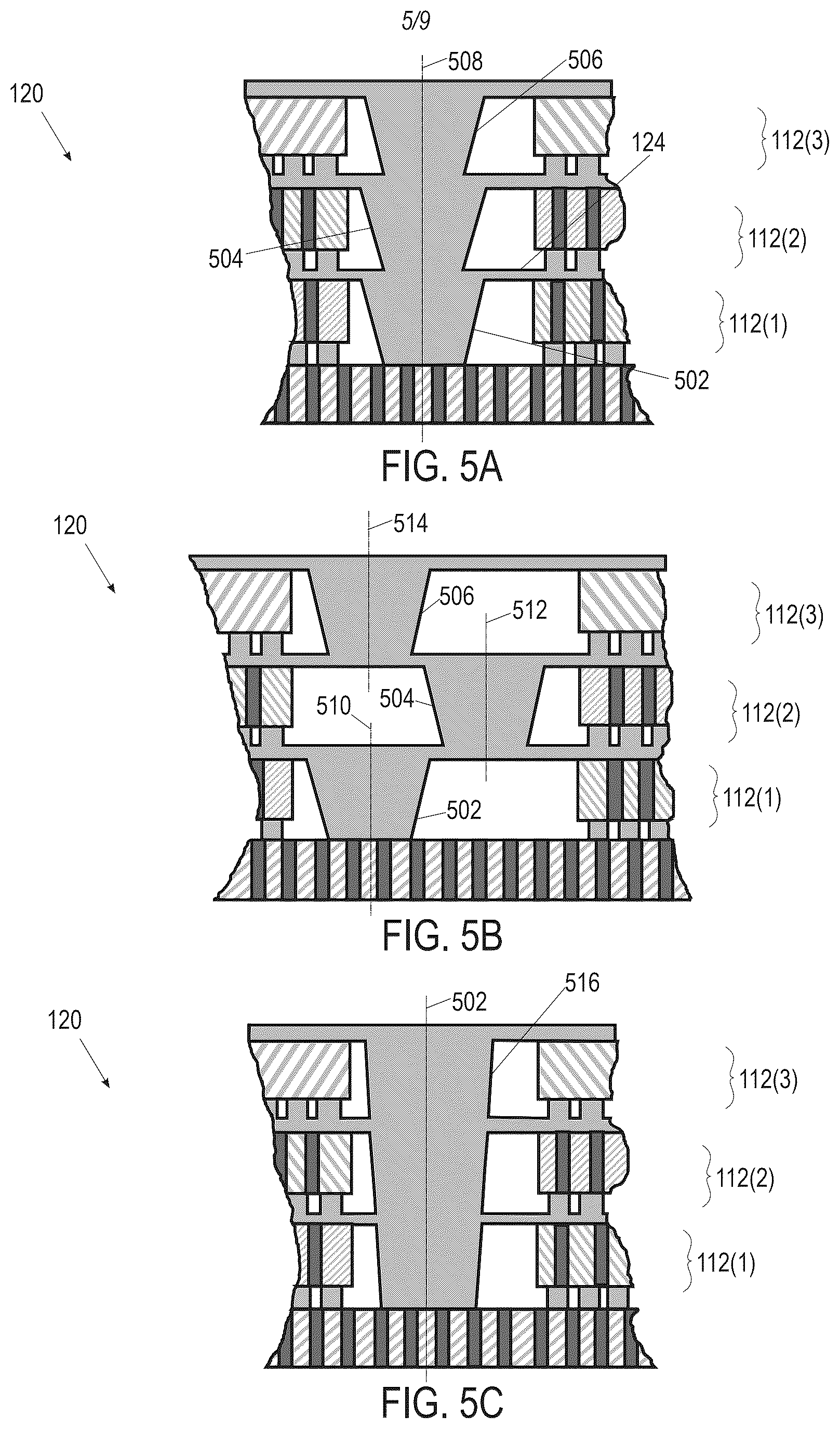 Patent US12622319 Figure 5 – Stacked die packaging architecture with conductive vias on interposer