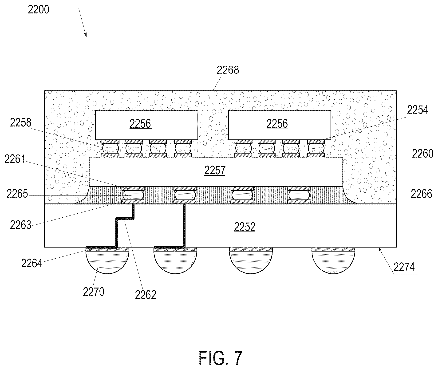 Patent US12622319 Figure 7 – Stacked die packaging architecture with conductive vias on interposer