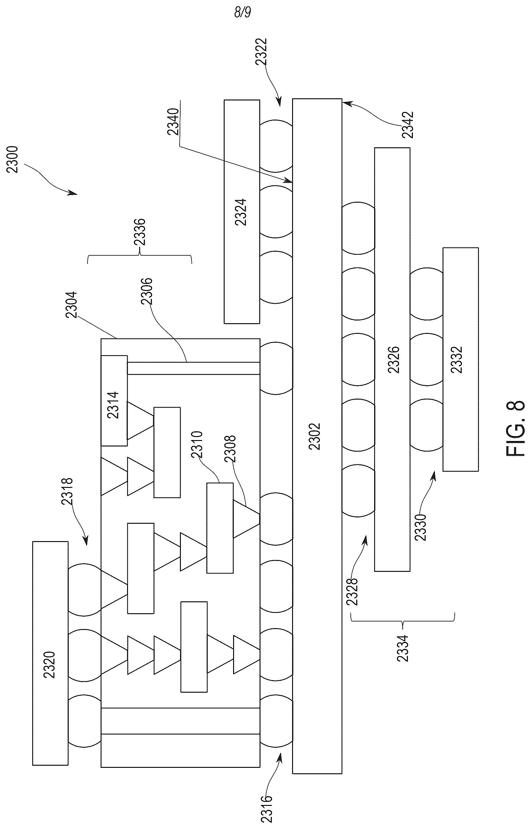 Patent US12622319 Figure 8 – Stacked die packaging architecture with conductive vias on interposer