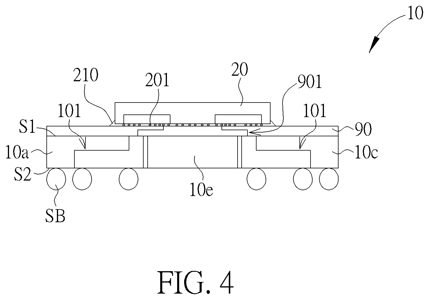 Patent US12622332 Figure 4 – Semiconductor package using substrate block integration