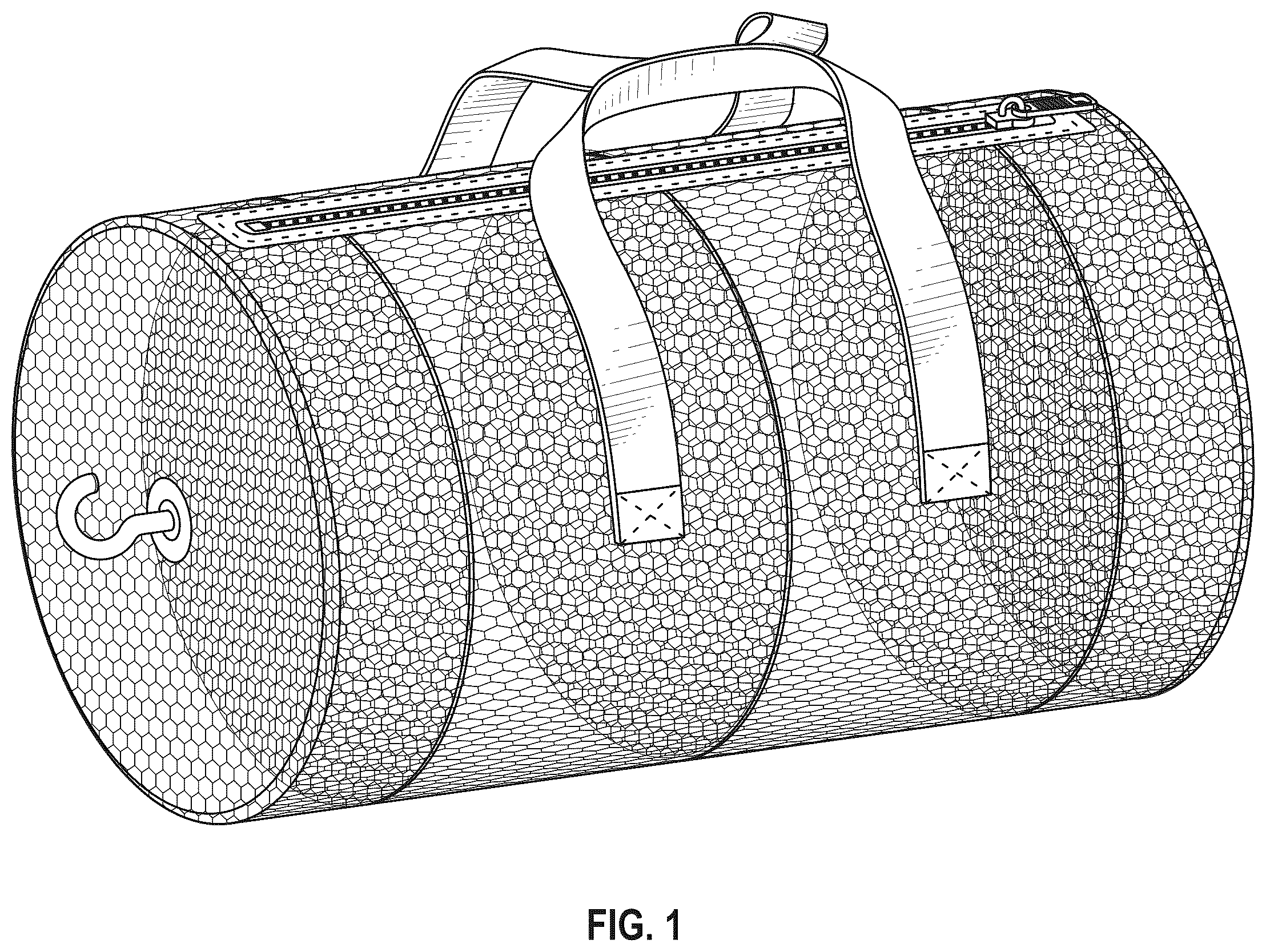Patent USD1123389 Figure 1 – Mesh duffle bag