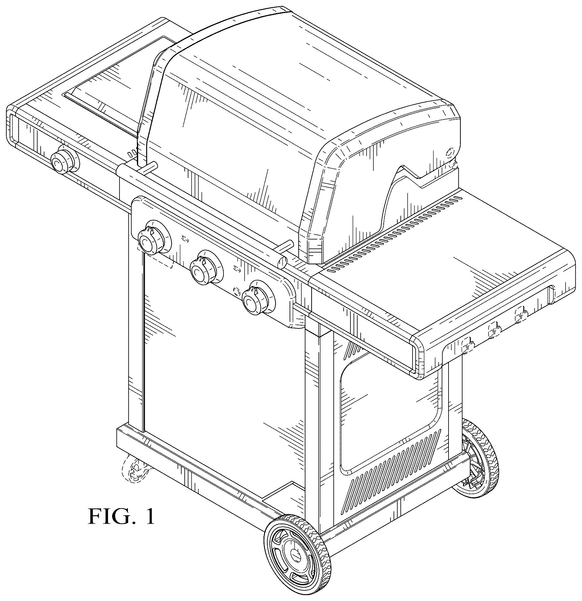 Patent USD1123498 Figure 1 – Three-burner grill
