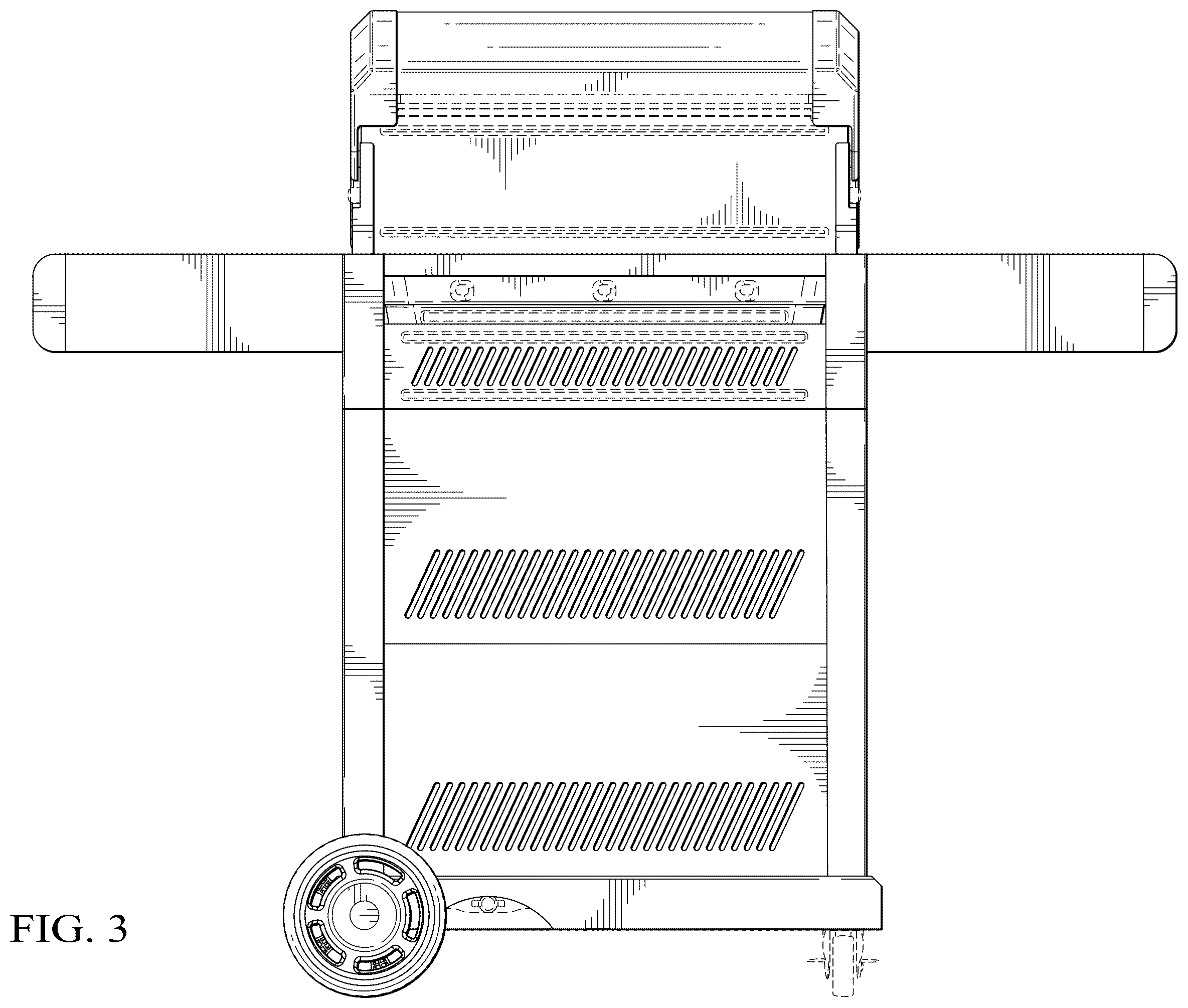 Patent USD1123498 Figure 3 – Three-burner grill