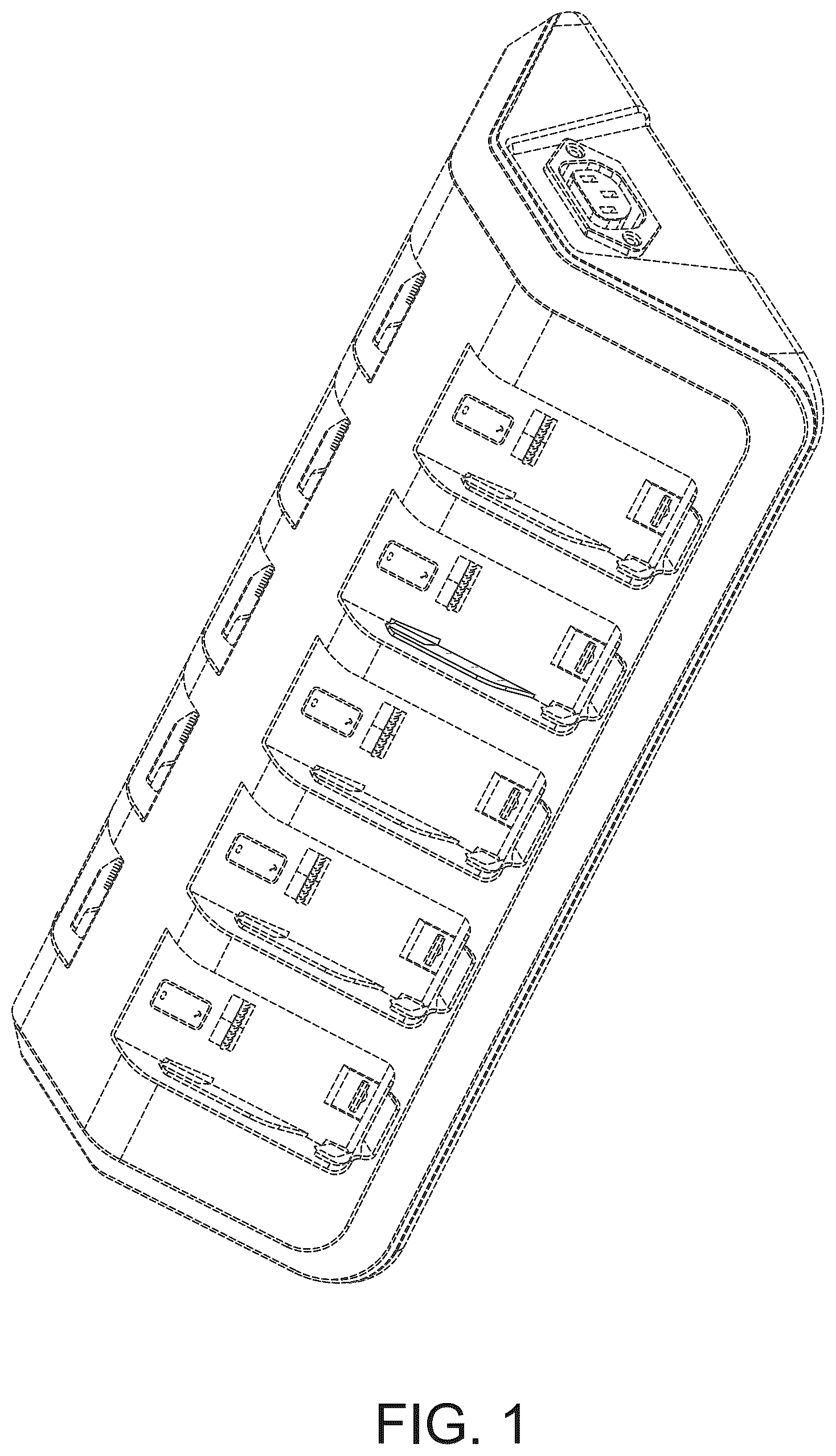 Patent USD1123828 Figure 1 – Battery charging station