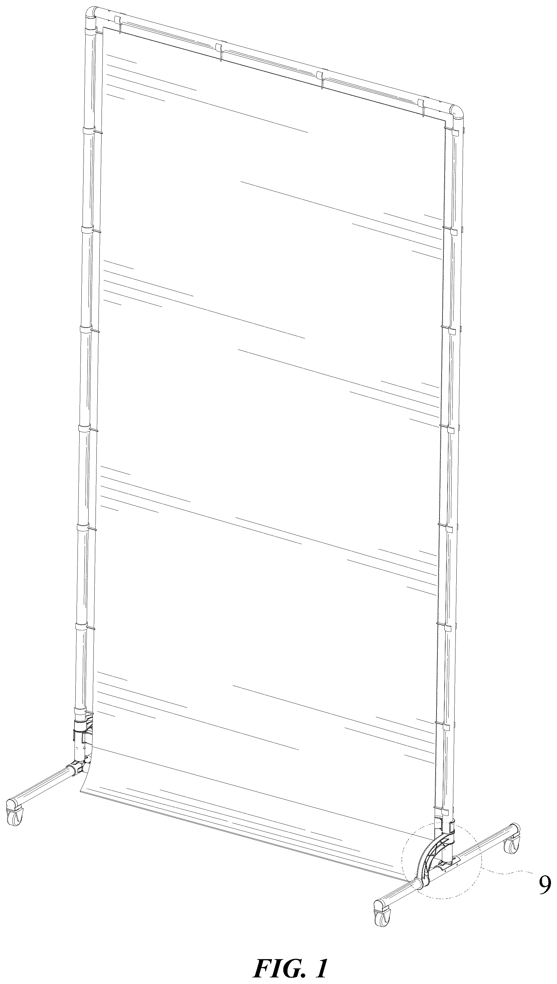 Patent USD1124100 Figure 1 – Roller background stand