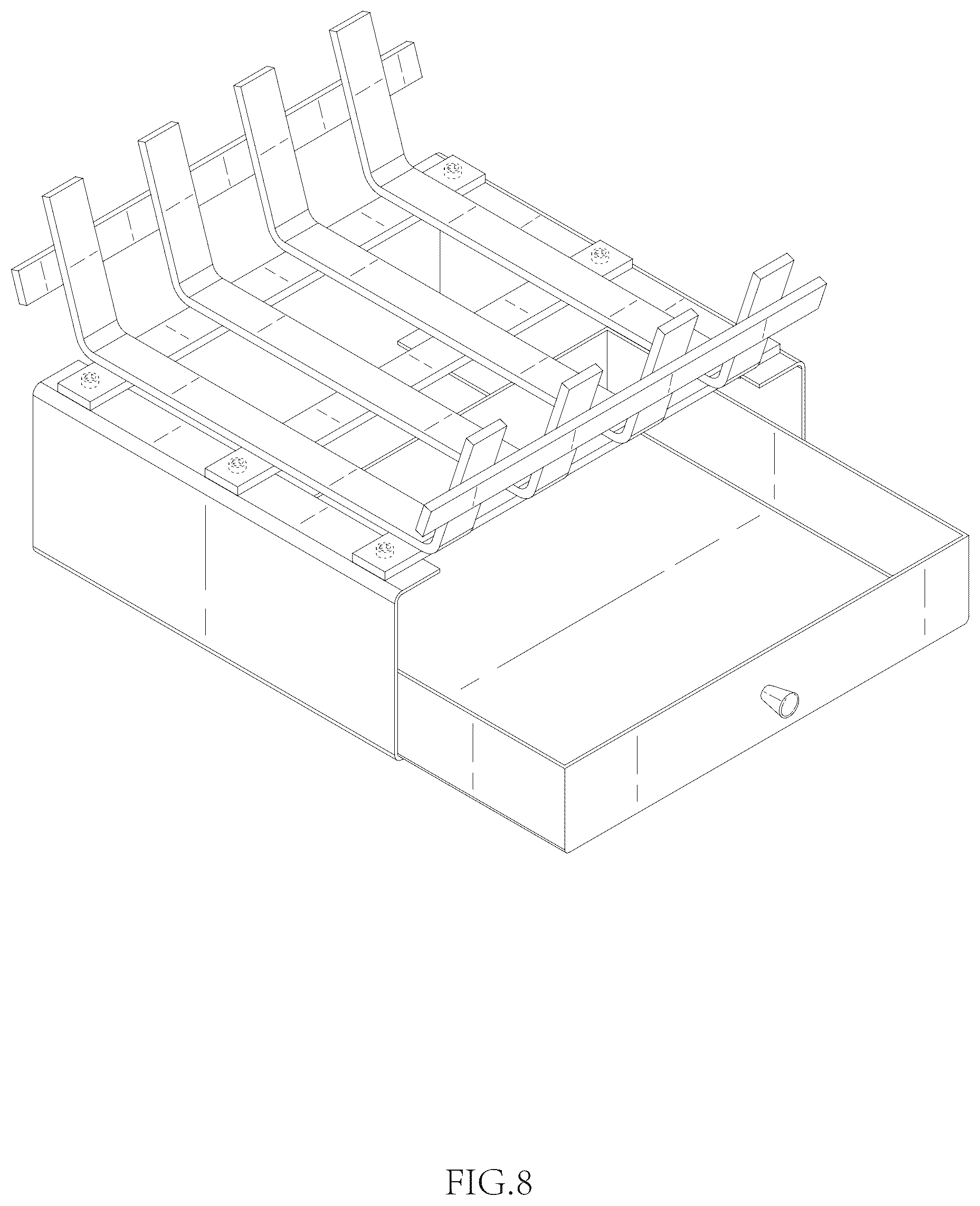 Patent USD1124308 Figure 8 – Modular wood burning stand and tray assembly
