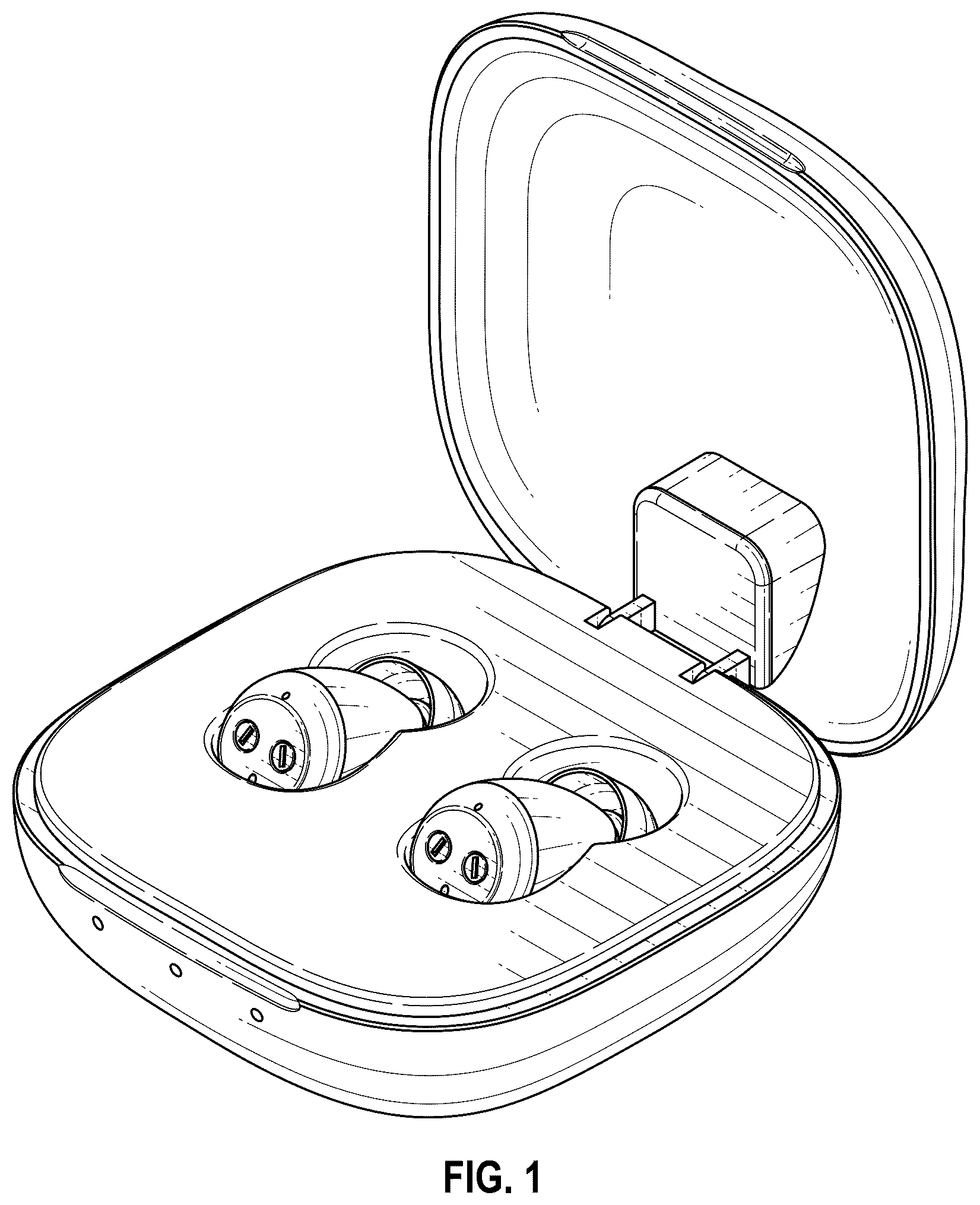 Patent USD1124347 Figure 1 – Hearing aid and charger set