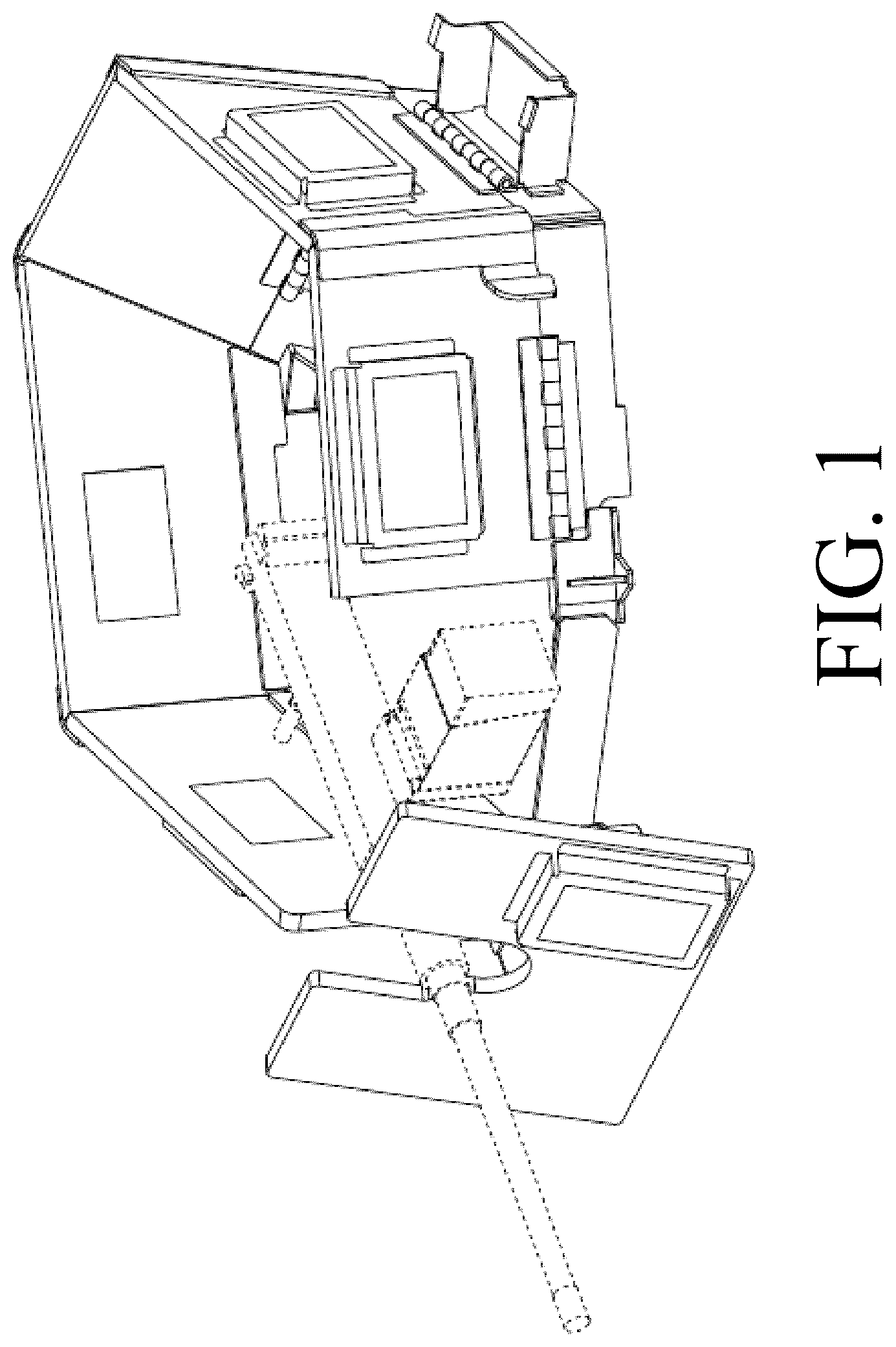Patent USD1124955 Figure 1 – Armored turret enclosure with asymmetric folding panels