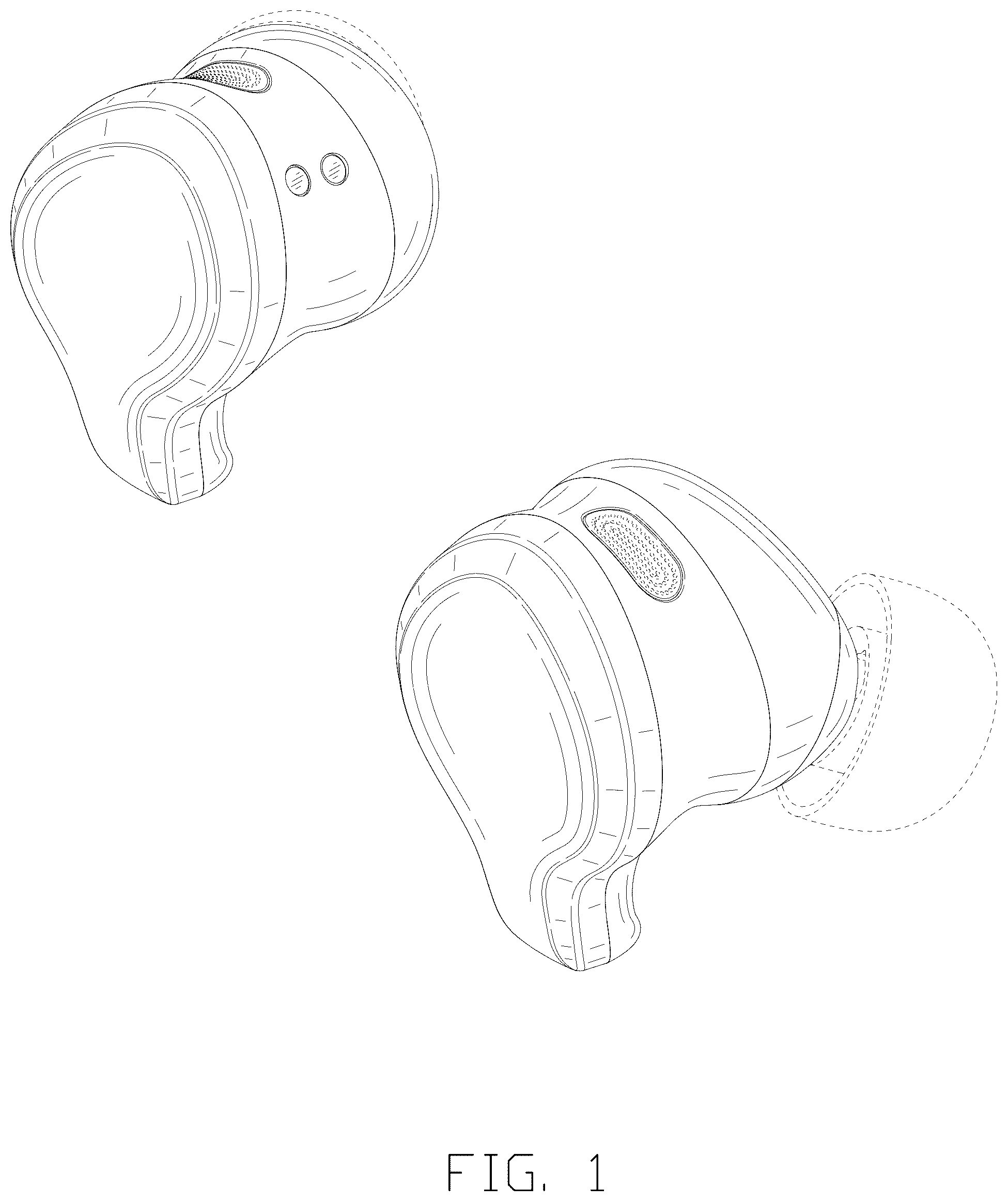 Patent USD1125125 Figure 1 – Set of earphones and charging case