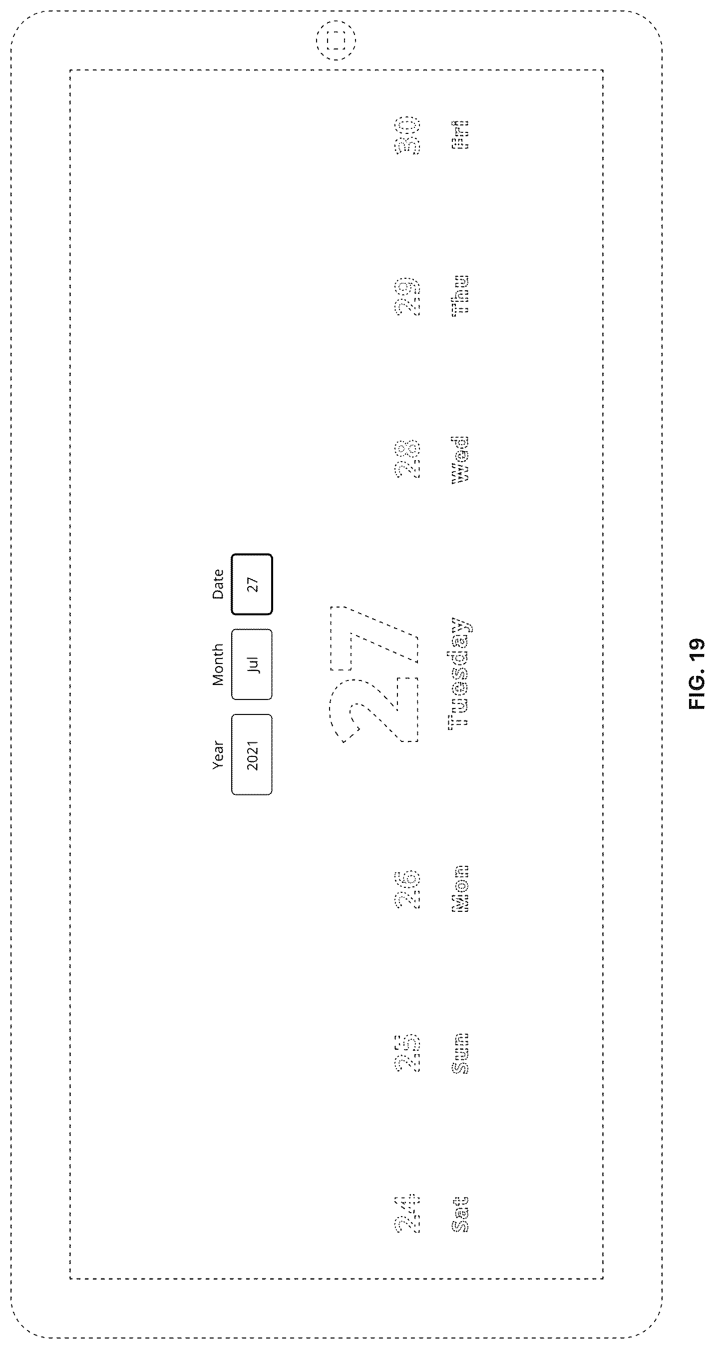 Patent USD1125196 Figure 19 – Display screen with animated graphical user interface for interactive date selection