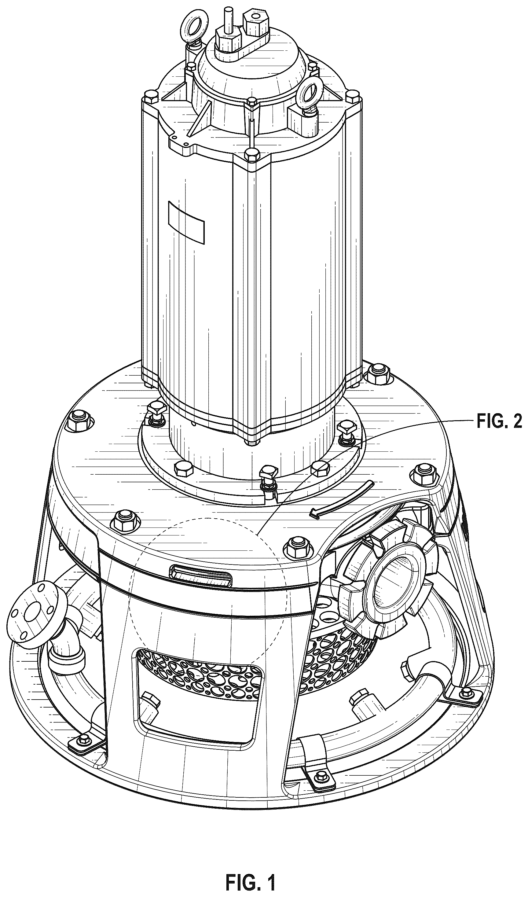 Patent USD1125277 Figure 1 – Combined encased pump, stand and strainer basket