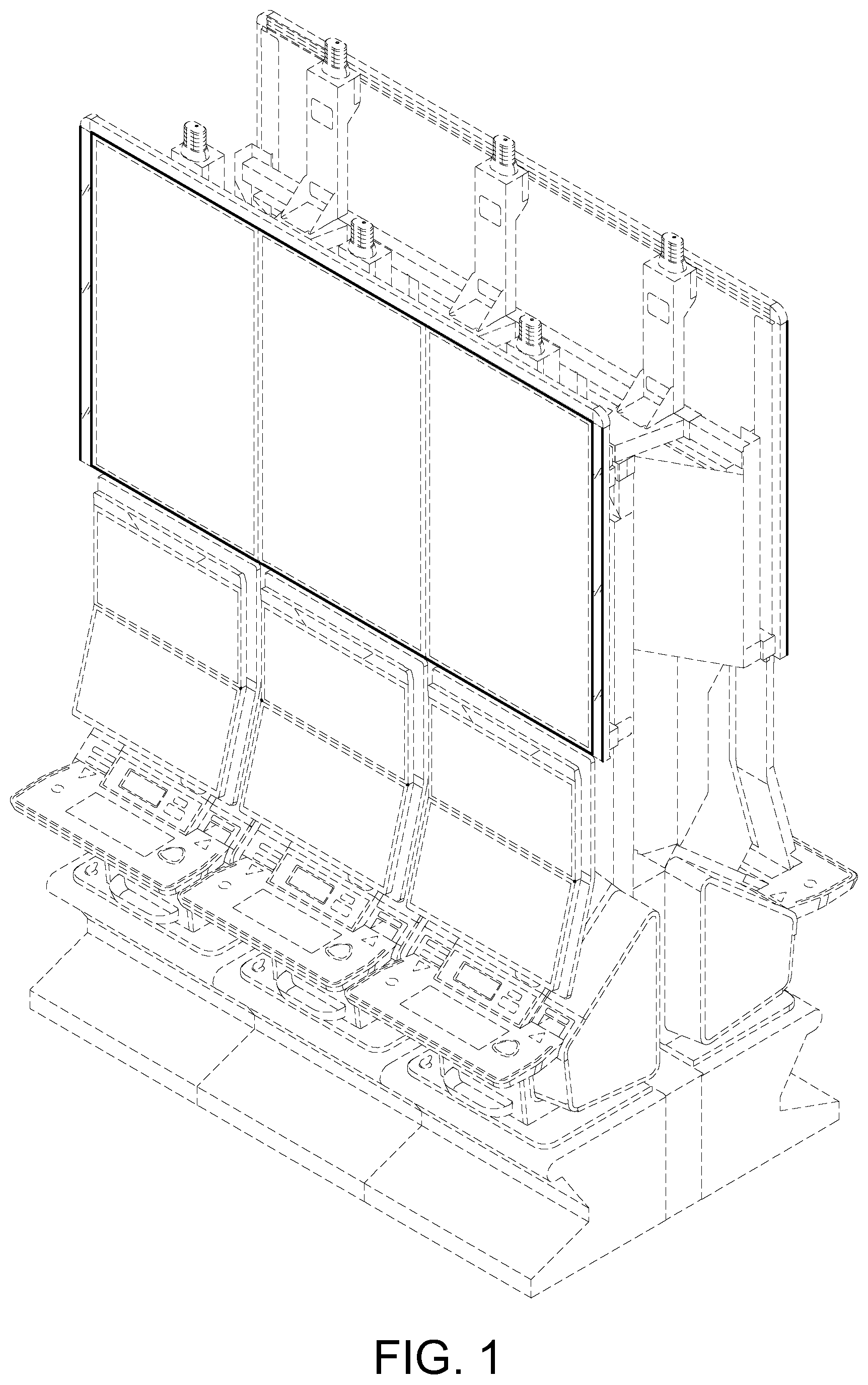 Patent USD1125378 Figure 1 – Bank of gaming machines including light bar