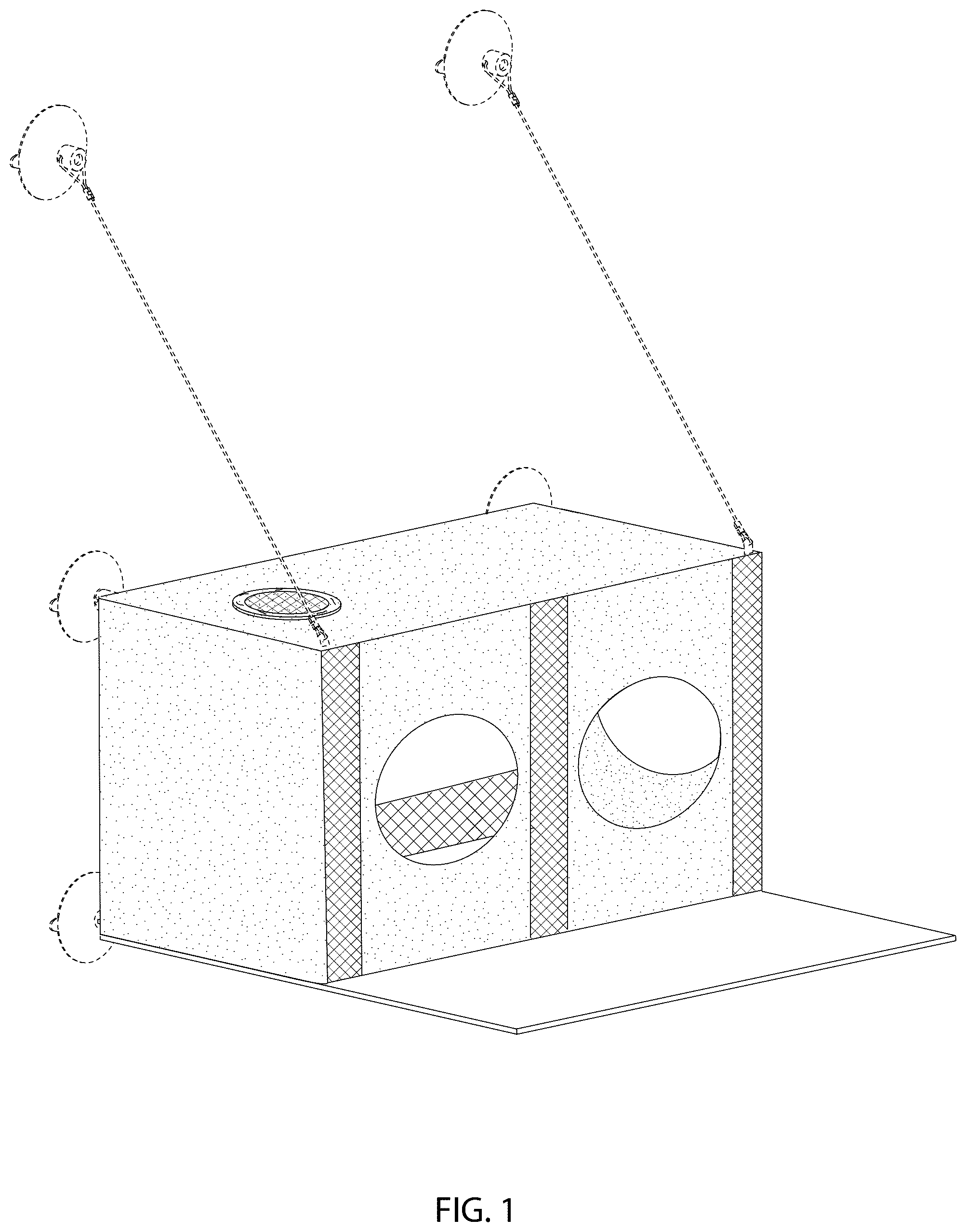 Patent USD1125713 Figure 1 – Pet lounger with enclosure and shelf