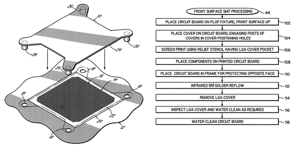 Patent US6499215 — Processing of circuit boards with protective, adhesive-less covers on area array bonding sites — Figure 1